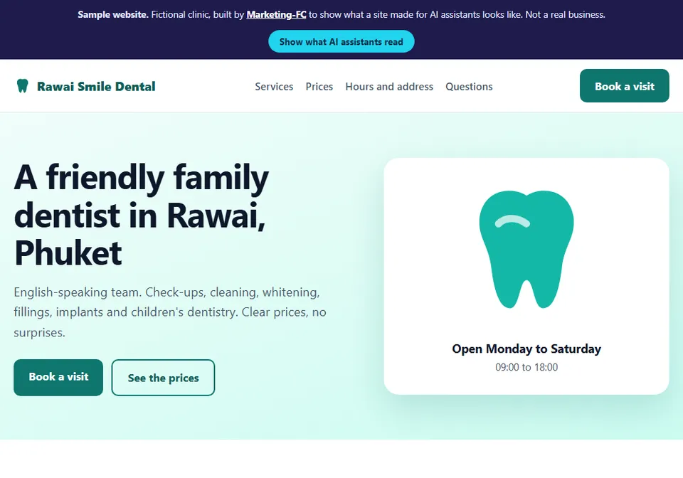 Sample website for a fictional dental clinic, made by Marketing-FC